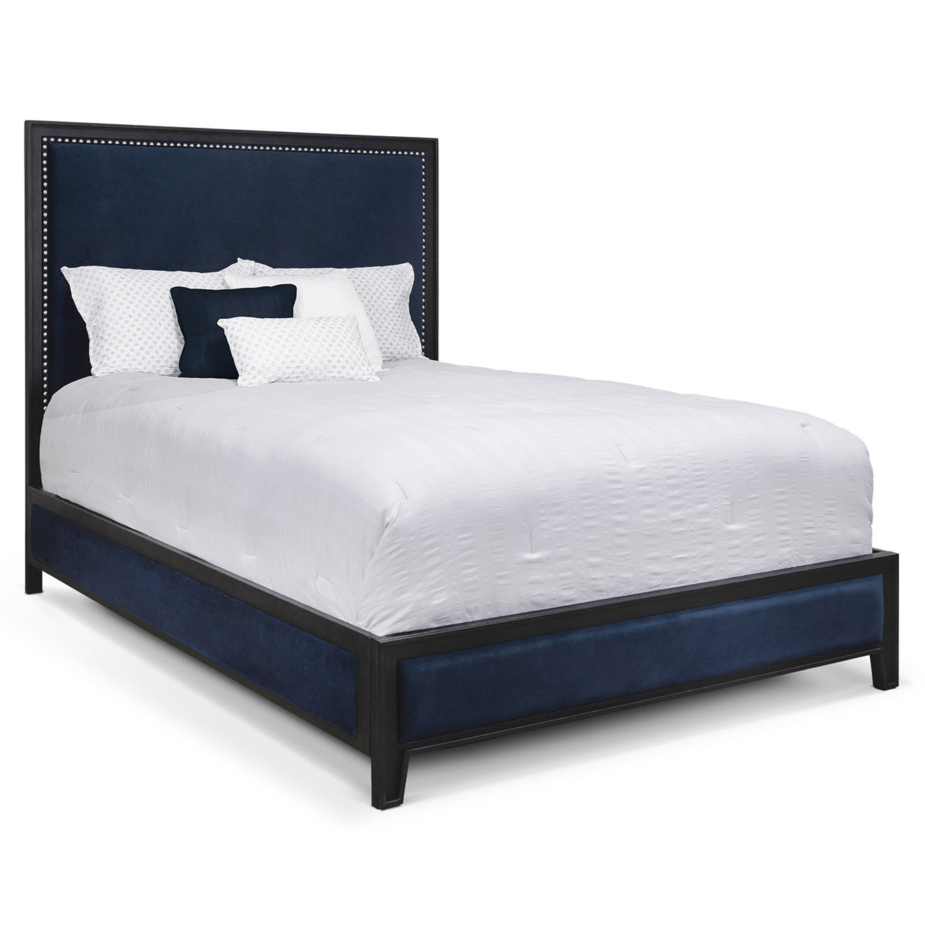 Avery Upholstered Iron Bed 1231 Wesley Allen Queen HBFS Aged Iron Finish Chronicle Navy Fabric Matriae
