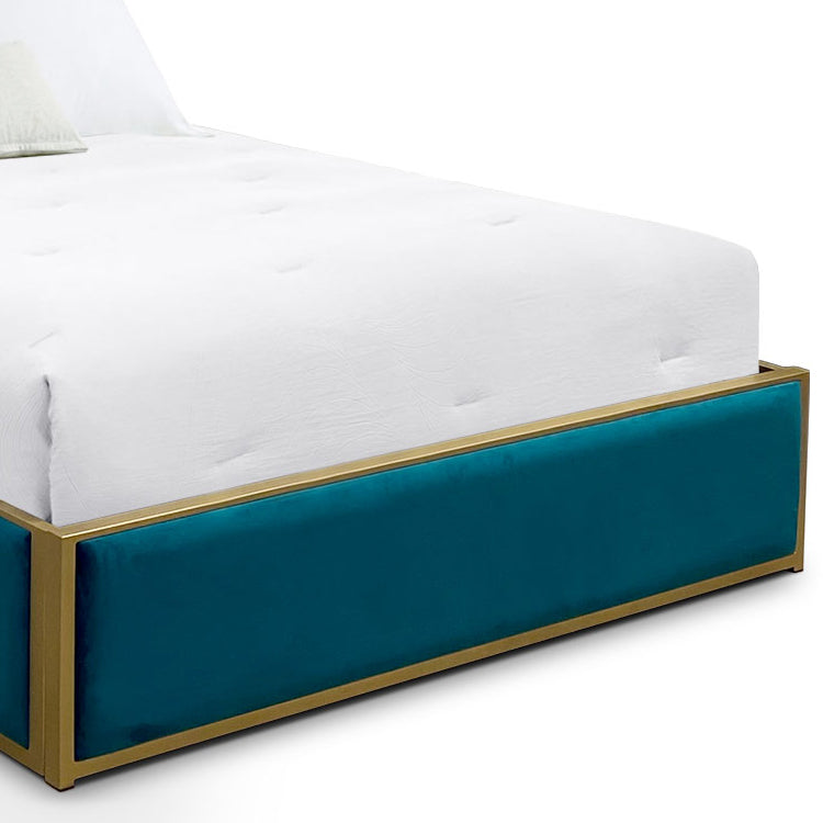 Haven Upholstered Iron Bed 1204 Wesley Allen Queen HB-FS Aged Brass Finish Royal Teal Fabric Matriae