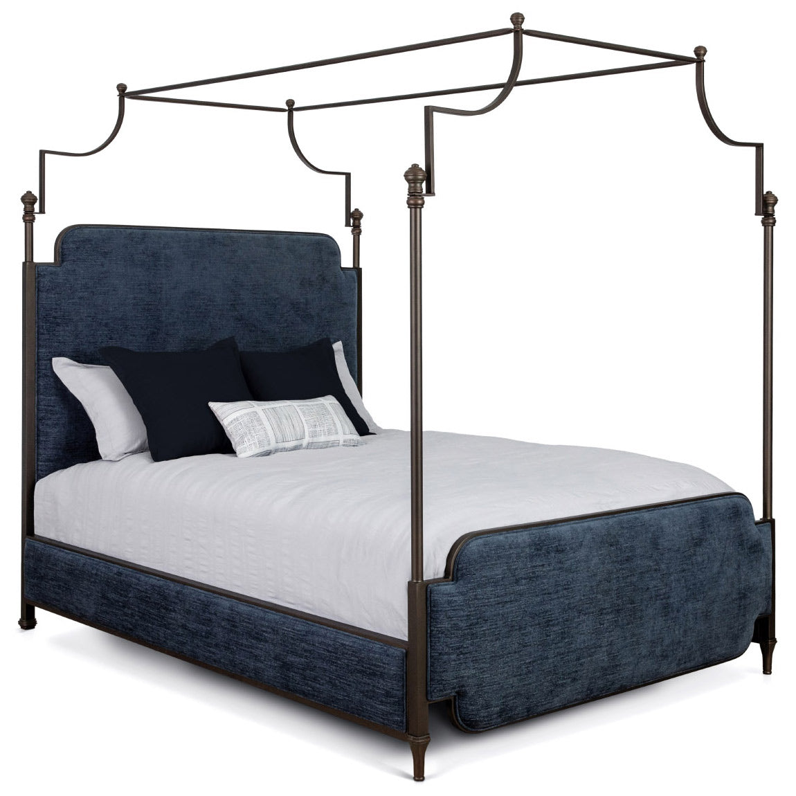 Kenton Upholstered Iron Canopy Bed Upholstered Sides 1275 Wesley Allen Queen CBC-FS Old Copper Finish Archer Navy Fabric Matriae