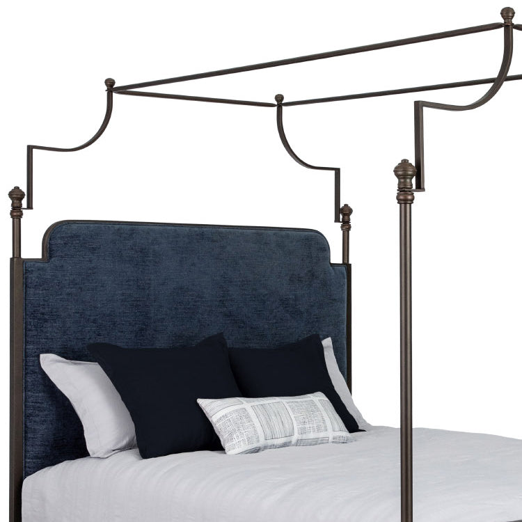 Kenton Upholstered Iron Canopy Bed Upholstered Sides 1275 Wesley Allen Queen CBC-FS Old Copper Finish Archer Navy Fabric Matriae