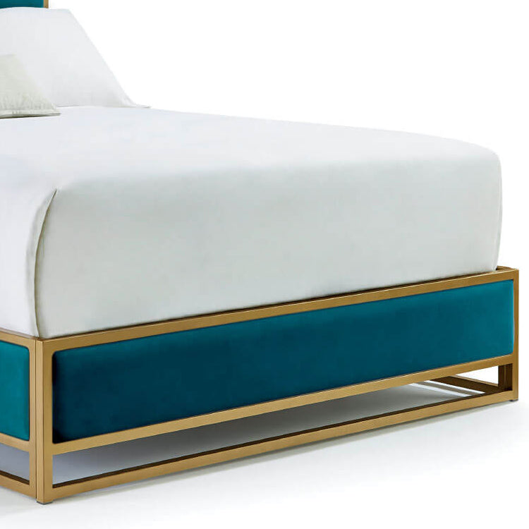Khloe Upholstered Iron Bed 1203 Wesley Allen Queen Hbfs Aged Brass Finish Royal Teal Fabric Matriae