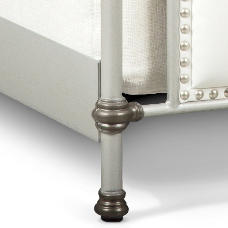 Rochester Upholstered Iron Bed 1245 Wesley Allen Queen CBMPF Aged Nickel Finish Aspen Pure White Upholstery Fabric Glazed Pewter Nailhead Matriae