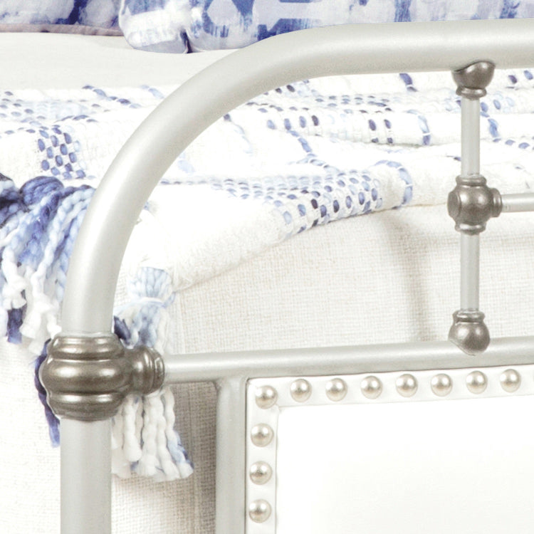 Rochester Upholstered Iron Bed 1245 Wesley Allen Queen CBMPF Aged Nickel Finish Aspen Pure White Upholstery Fabric Glazed Pewter Nailhead Matriae