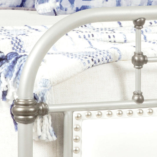 Rochester Upholstered Iron Bed 1245 Wesley Allen Queen CBMPF Aged Nickel Finish Aspen Pure White Upholstery Fabric Glazed Pewter Nailhead Matriae