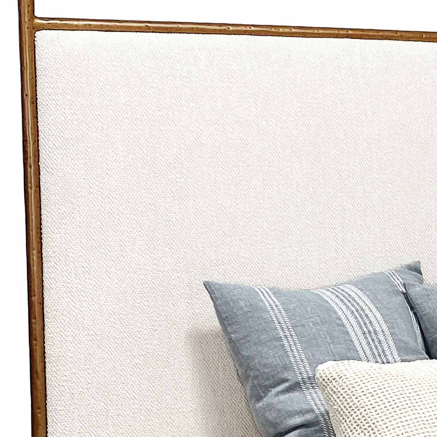 Royce Hammered Iron Upholstered Canopy Bed Upholstered Sides Frame 1208 Wesley Allen Queen CBC- FS-WS Hammered Copper Finish French Ivory Fabric Matriae