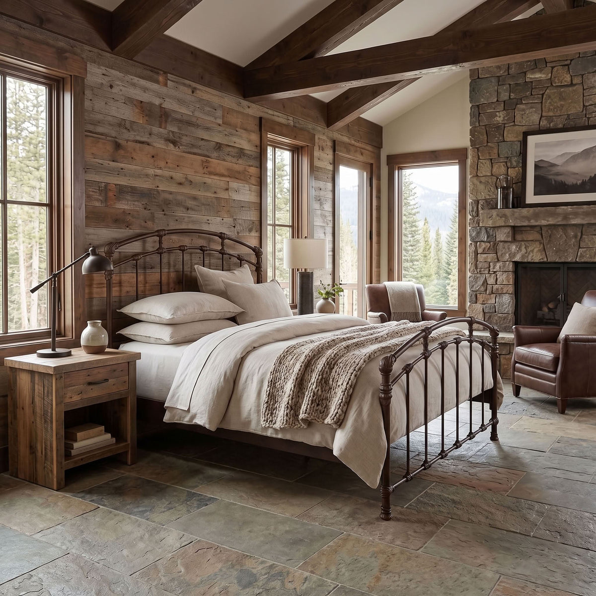 Test Iron Bed by Wesley Allen in Aged Rust finish in Queen size. A rustic bedroom interior with a metal bed frame, beige bedding, wood-paneled walls, stone fireplace, and large windows overlooking a forested mountain landscape.