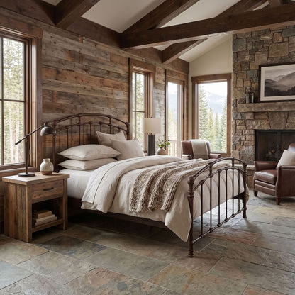 Test Iron Bed by Wesley Allen in Aged Rust finish in Queen size. A rustic bedroom interior with a metal bed frame, beige bedding, wood-paneled walls, stone fireplace, and large windows overlooking a forested mountain landscape.