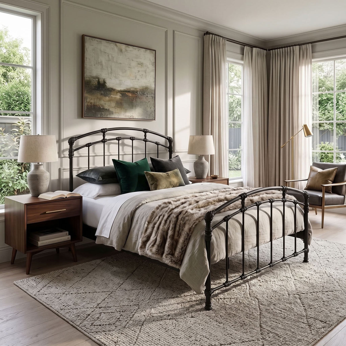Test Iron Bed by Wesley Allen in Black Suede finish in Queen size. A black wrought-iron metal bed frame with an elegant curved headboard and footboard, styled in a bright, modern bedroom with beige walls, neutral curtains, and matching bedside tables.