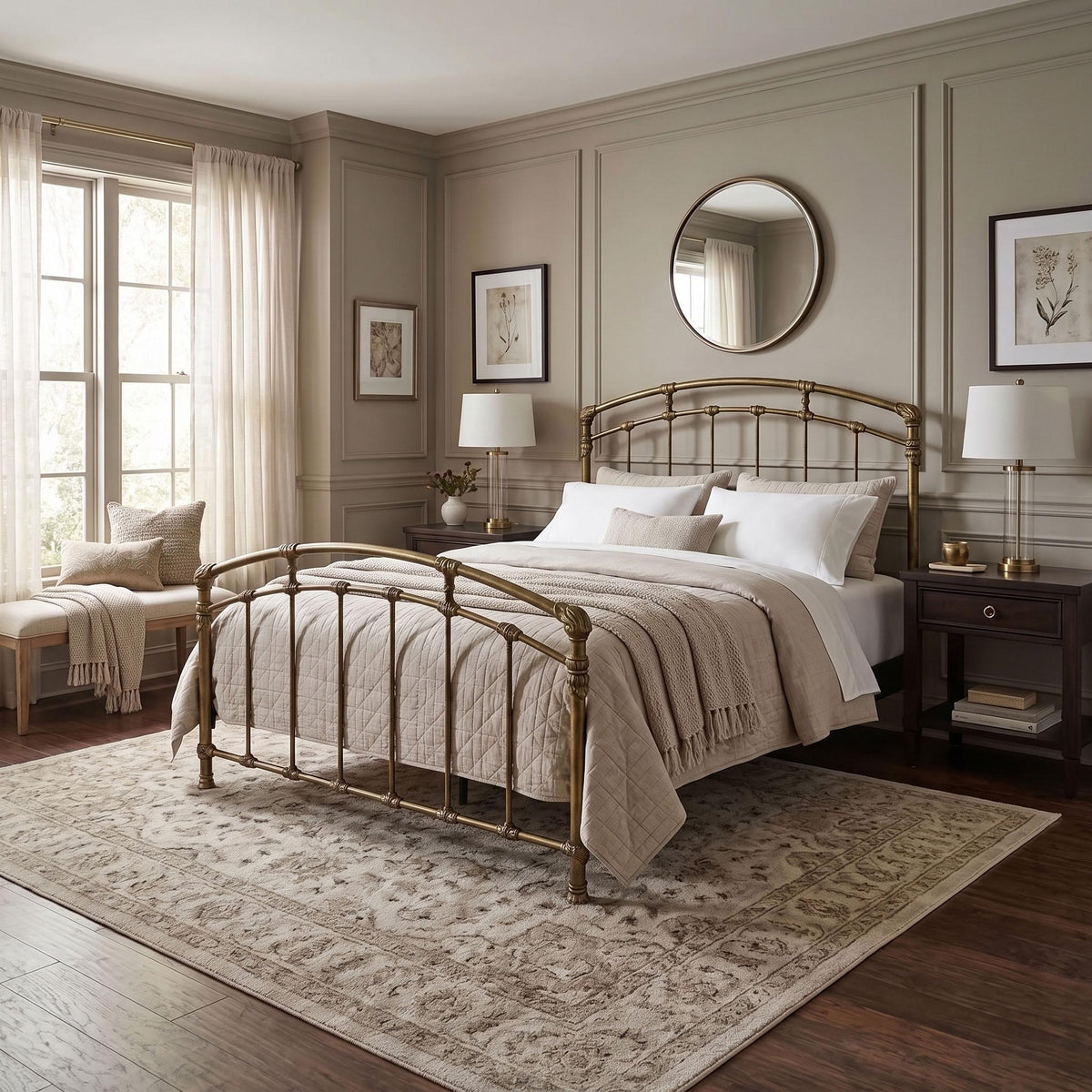 Test Iron Bed by Wesley Allen in Brass Bisque finish in Queen size platform iron bed frame with wood slats. A styled bedroom featuring a brass metal bed frame with a classic turned-post design, dressed in neutral beige and white bedding, set on a large patterned area rug in a classic paneled room.