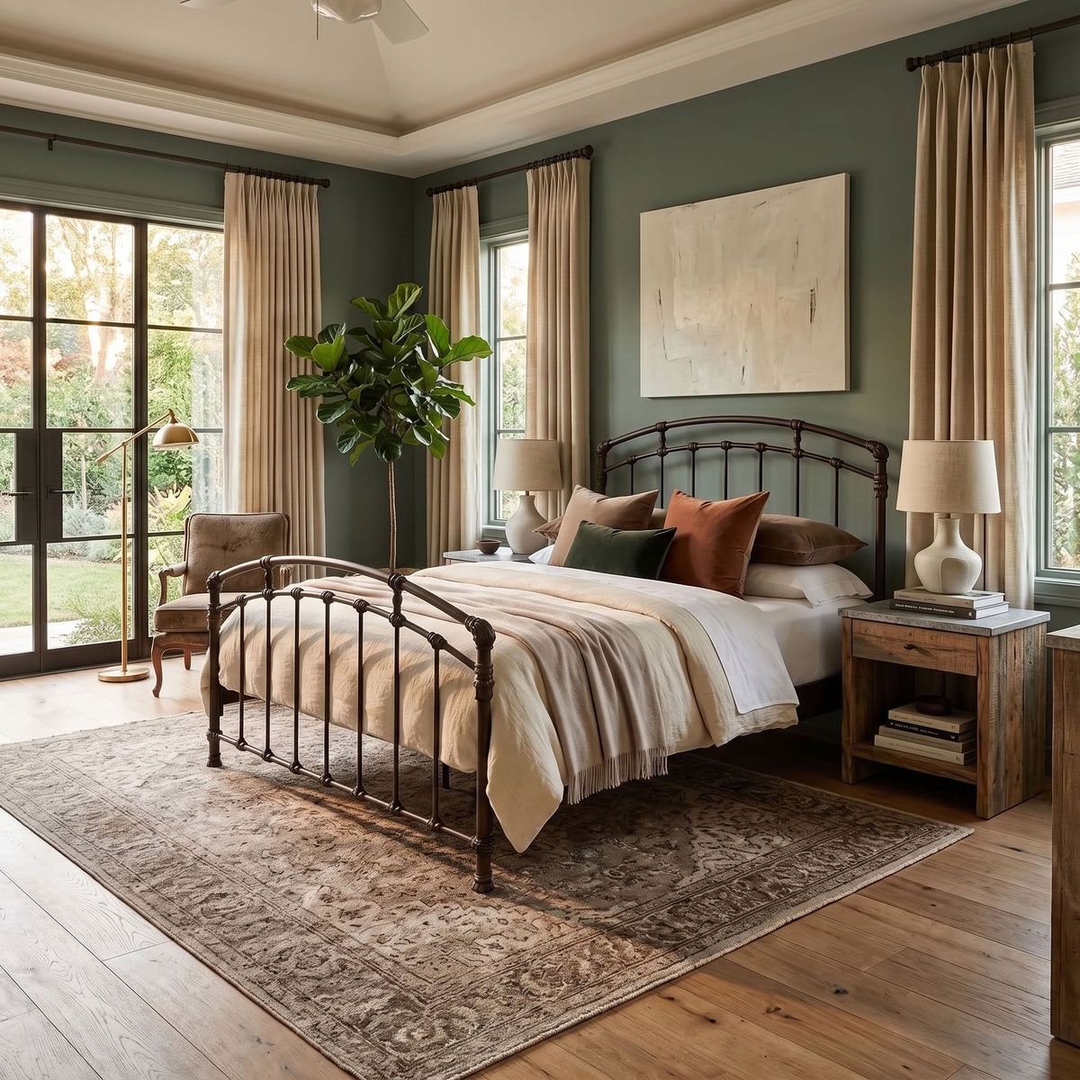 Test Iron Bed by Wesley Allen in Cappuccino finish in Queen size platform iron bed frame with wood slats. A styled bedroom interior featuring a dark metal bed frame with a beige and rust bedding set, set on a large patterned area rug against sage green walls with beige curtains.