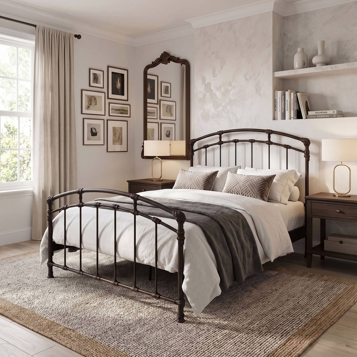 Test Iron Bed by Wesley Allen in Expresso finish in Queen size platform iron bed frame with wood slats. A dark metal bed frame with an arched headboard and footboard, styled in a classic bedroom setting with white and gray bedding, nightstands, and a large woven rug.