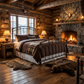 Aristella Iron Bed by Matriae in a cozy lodge log cabin bedroom with rustic decor, fireplace, and wooden walls.