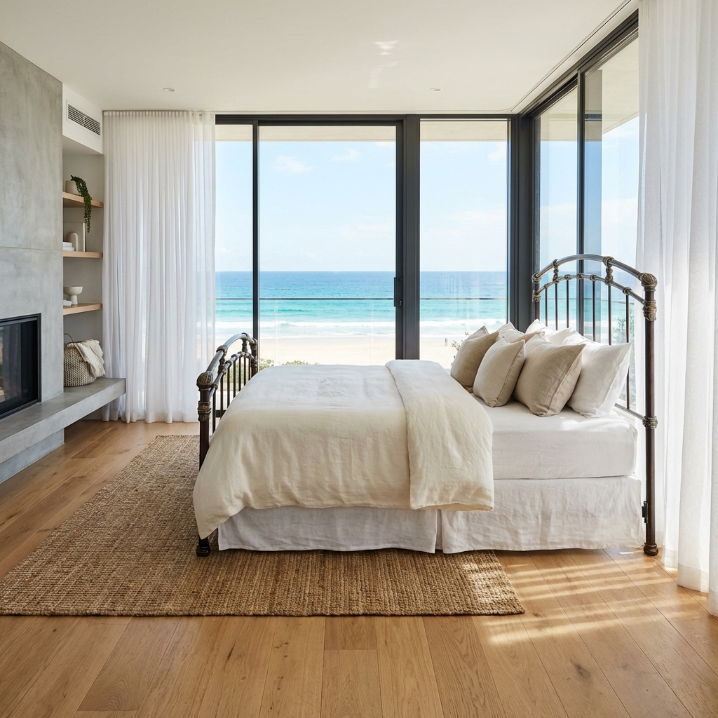 Aristella Iron Bed by Matriae in an ocean front modern bedroom with wood flooring and glass wall views of white sand beach and blue tropical water.