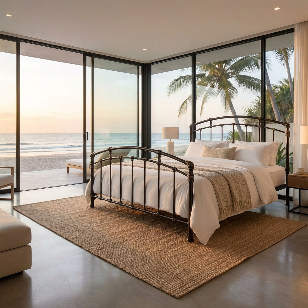 Aristella Iron Bed by Matriae an ocean front modern bedroom with glass doors.