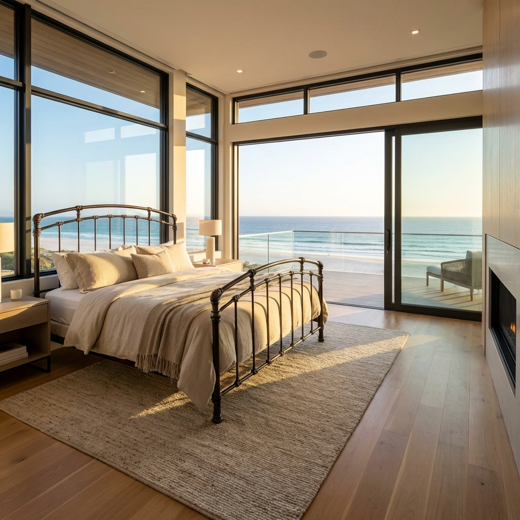 Aristella Iron Bed by Matriae in a modern bedroom with ocean view and large windows