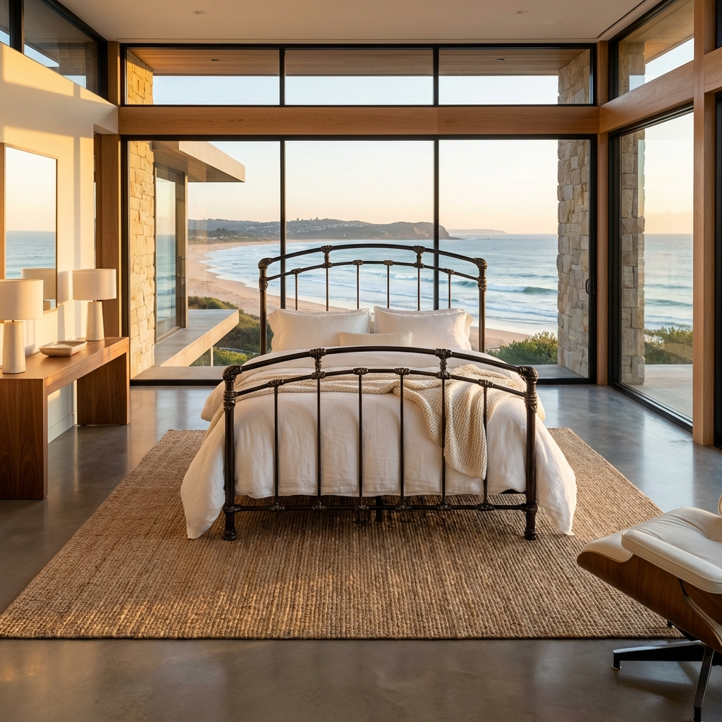 Aristella Iron Bed in a modern seaside bedroom with large windows.