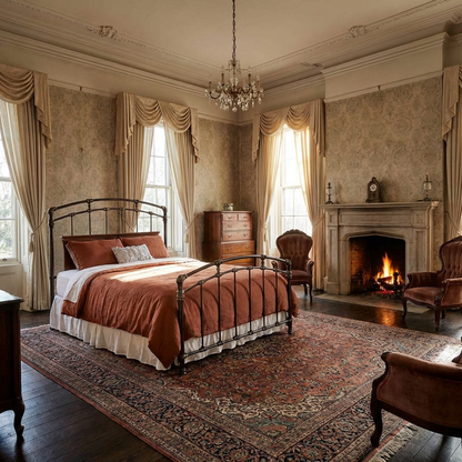 Test Iron Bed by Matriae in a luxurious historic bedroom with ornate drapery, fireplace, and elegant decor.
