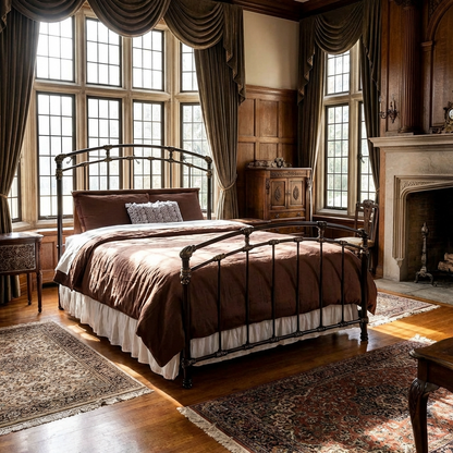 Test Iron Bed by Matriae in a historic luxury bedroom with wooden furniture, and large windows.