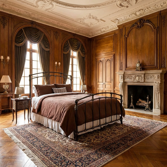 Aristella Iron Bed by Matriae in a luxurious bedroom with wooden furniture, fireplace, and decorative rug.