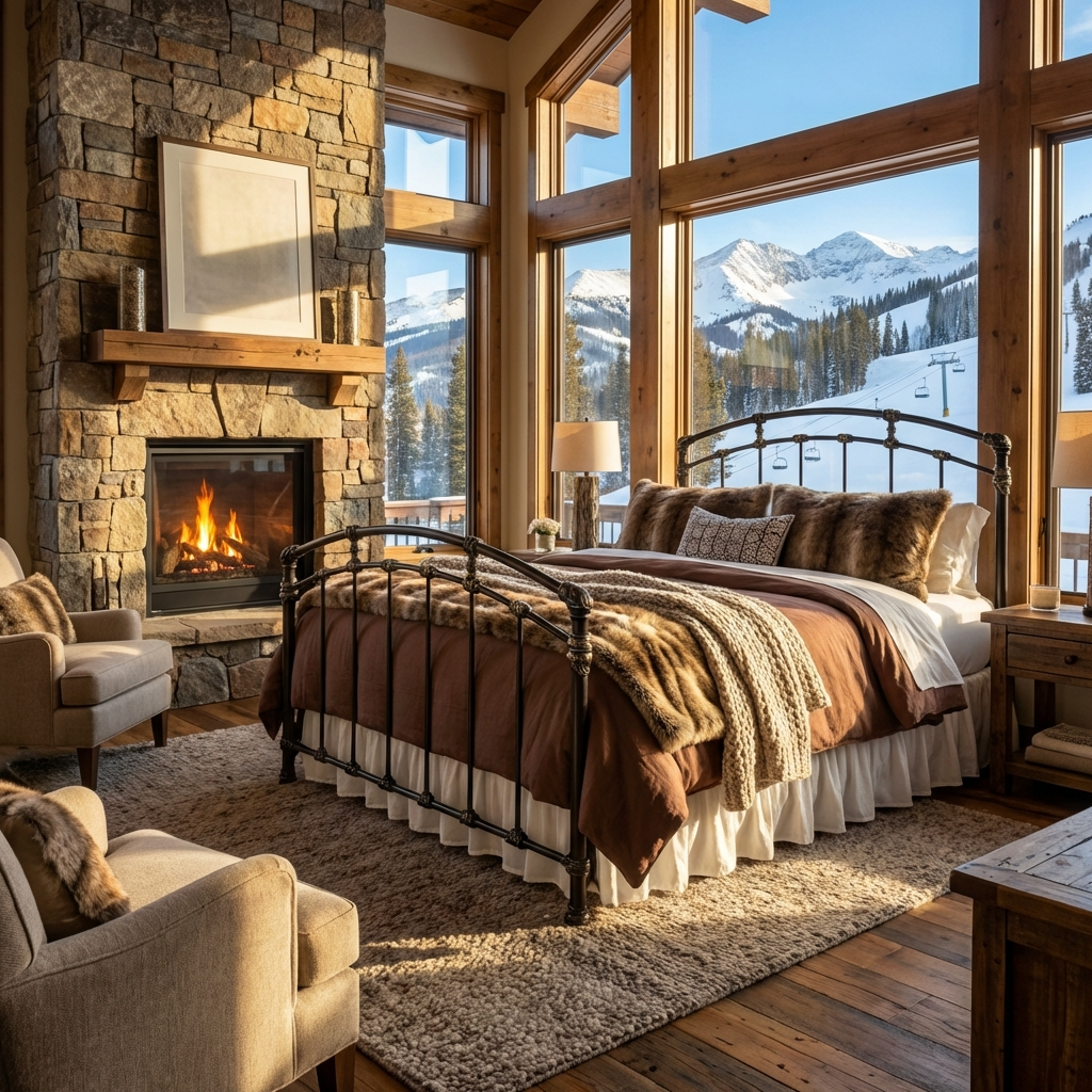 Aristella Iron Bed by Matriae in a cozy bedroom with stone fireplace, large windows, and mountain view.