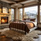 Aristella Iron Bed by Matriae mountain ski resort bedroom with stone fireplace, bed with brown bedding, and mountain view.