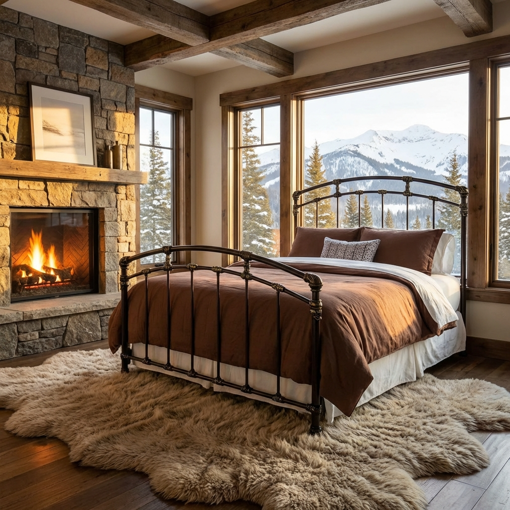Aristella Iron Bed by Matriae mountain ski resort bedroom with stone fireplace, bed with brown bedding, and mountain view.