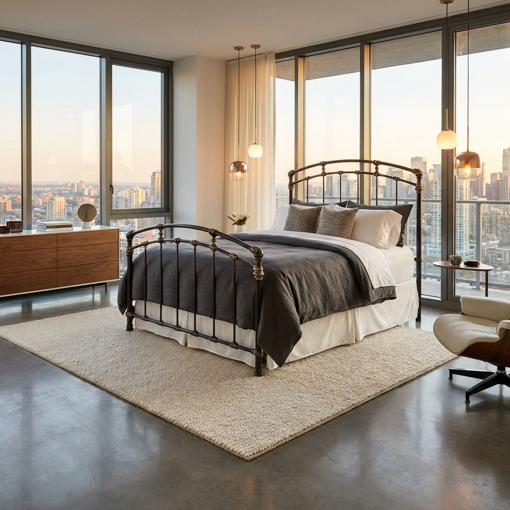 Aristella Iron Bed by Matriae with gray bedding in a modern urban bedroom with large windows offering a cityscape view and wooden furniture.