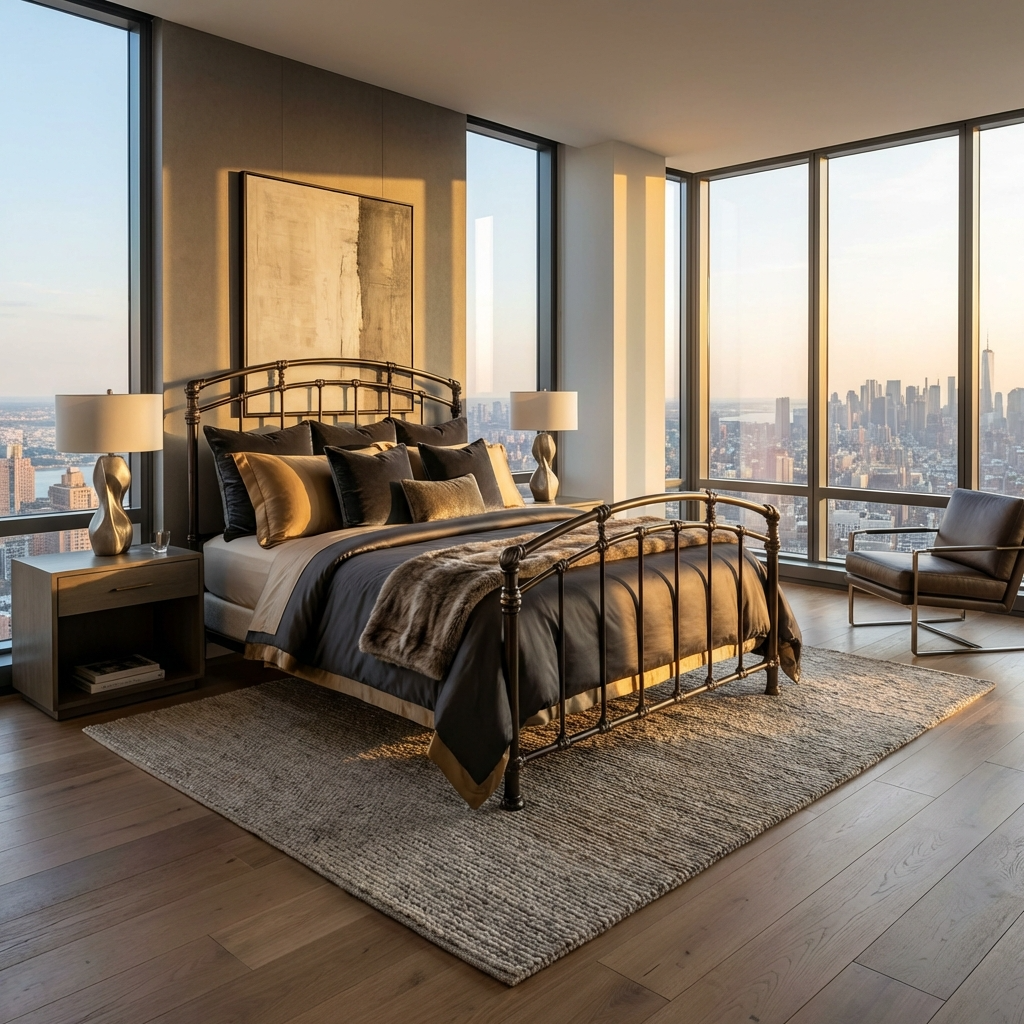 Aristella Iron Bed by Matriae in a luxury city modern bedroom with decorative pillows, lamps, and large windows offering a cityscape view.