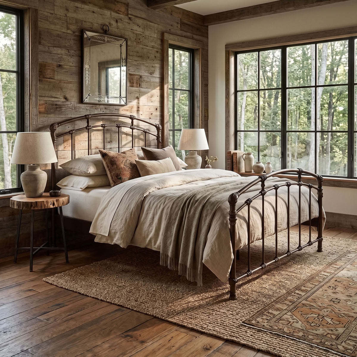 Test Iron Bed by Wesley Allen in Natural Rust finish in Queen size platform frame with wood slats. A rustic bedroom scene featuring a dark metal bed frame with a curved headboard and footboard, dressed in neutral beige and brown linens. The bed is styled with matching pillows, flanked by two wooden nightstands with table lamps.