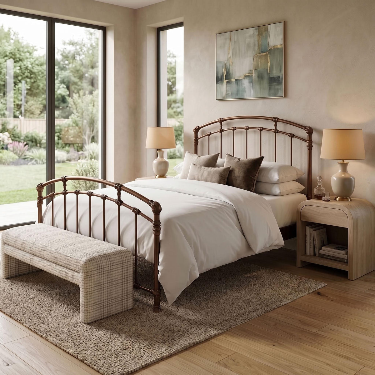 Test Iron Bed by Wesley Allen in Opaque Copper finish in Queen size platform frame with wood slats. A rustic dark brown metal bed frame with a curved headboard and footboard, styled with white and brown bedding, a matching woven bench, and bedside tables in a warm, modern bedroom setting.