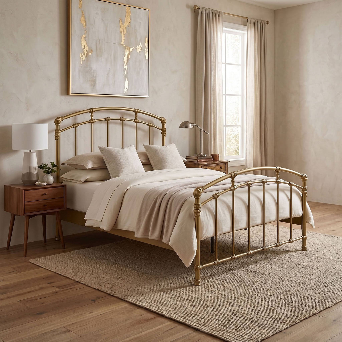Test Iron Bed by Wesley Allen in Opaque Gold finish in Queen size platform frame with wood slats. A bed with a gold metal frame and cream bedding, styled in a warm, neutral-toned bedroom with a wooden nightstand, rug, and window.