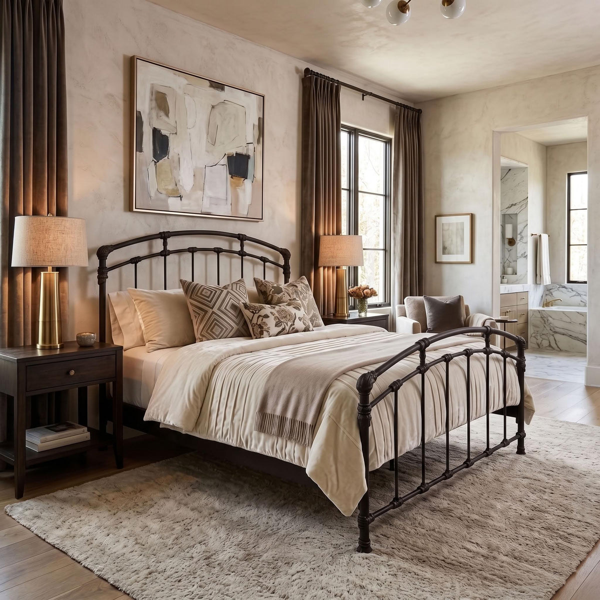 Test Iron Bed by Wesley Allen in Pebblestone finish in Queen size platform frame with wood slats. A styled bedroom featuring a dark metal bed frame with beige and brown bedding, flanked by matching nightstands and lamps, set against textured beige walls with framed abstract art.