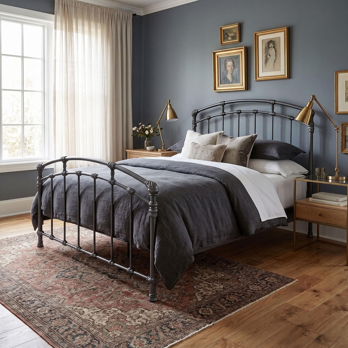 Test Iron Bed by Wesley Allen in Pewter finish, Queen size, and a platform frame with wood slats. A dark metal iron bed frame styled in a bedroom with slate blue walls, wooden floors, and a patterned rug. The bed is dressed in dark gray and white bedding, flanked by wooden nightstands with brass lamps.