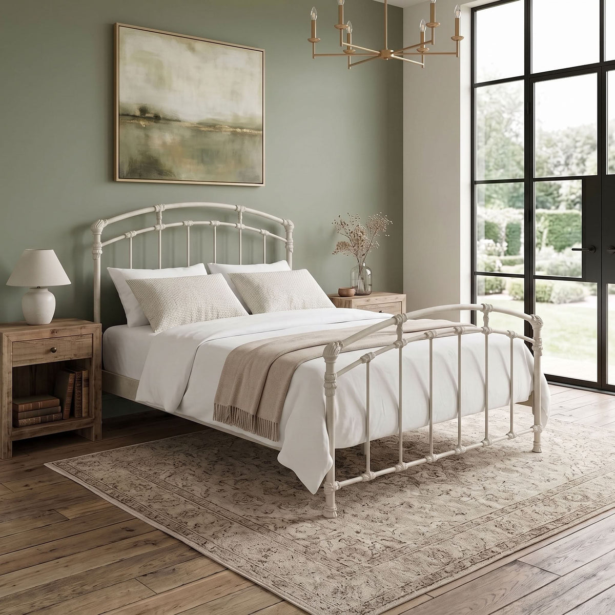 Test Iron Bed by Wesley Allen in Rustic Ivory finish, Queen size, and a platform frame with wood slats. A styled bedroom scene featuring a white metal bed frame with a curved headboard and footboard, dressed in white linens with a beige throw blanket. The bed is positioned on a distressed beige area rug over a rustic wood floor, flanked by matching wooden nightstands with a white table lamp and a vase, against a sage green wall with a framed landscape painting.