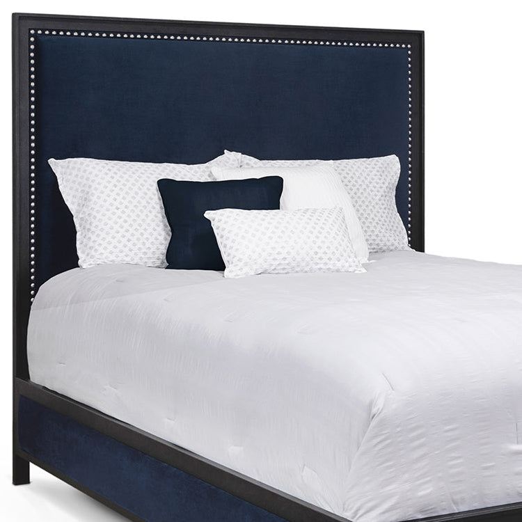 Avery Upholstered Iron Bed 1231 Wesley Allen Queen HBFS Aged Iron Finish Chronicle Navy Fabric Matriae