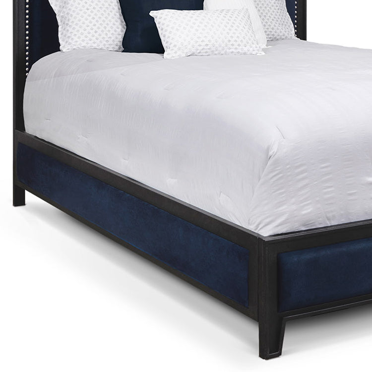 Avery Upholstered Iron Bed 1231 Wesley Allen Queen HBFS Aged Iron Finish Chronicle Navy Fabric Matriae