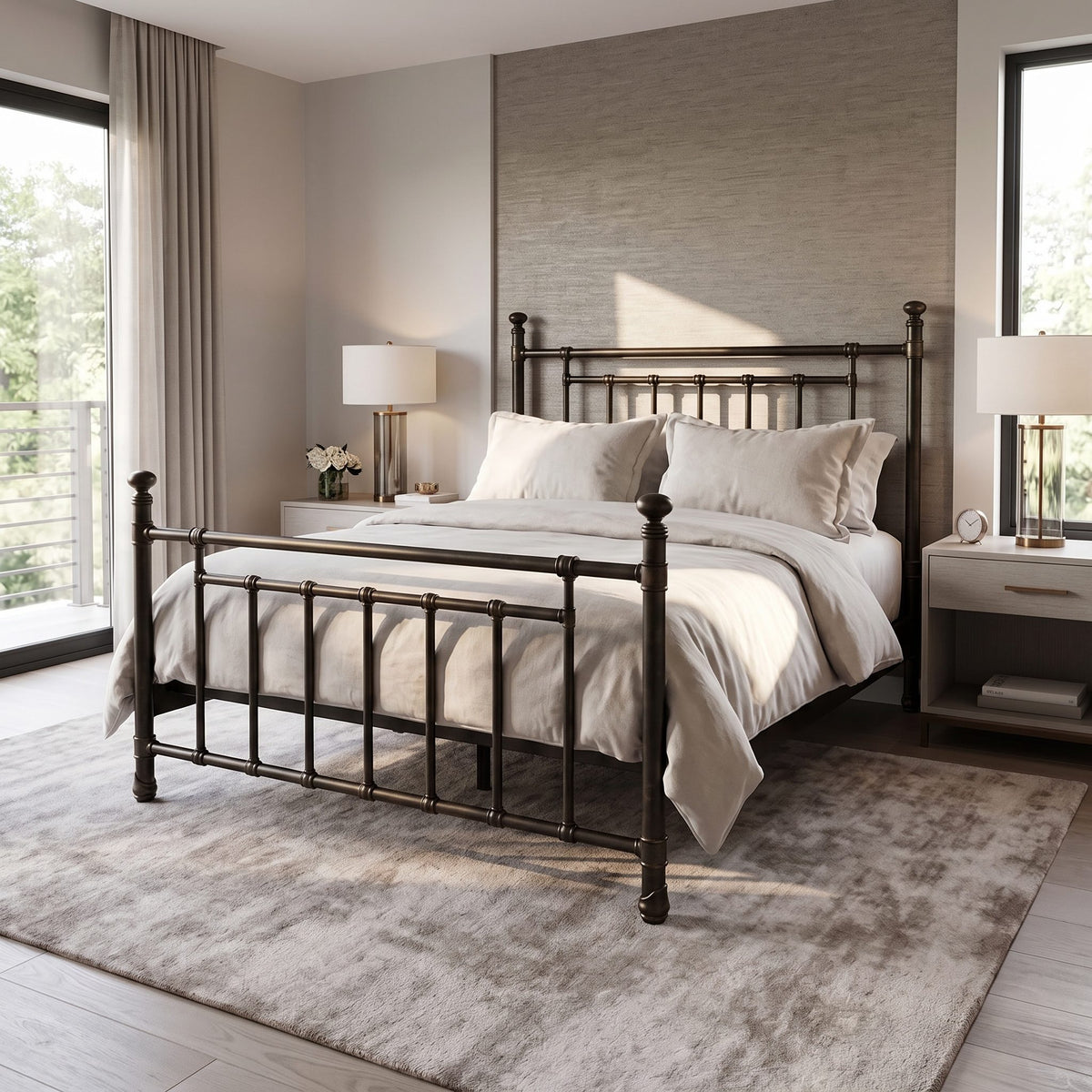 Blake iron bed 1094 in Aged Gold finish, queen size, in a modern bedroom with a textured accent wall and ivory bedding, by Wesley Allen for Matriae.