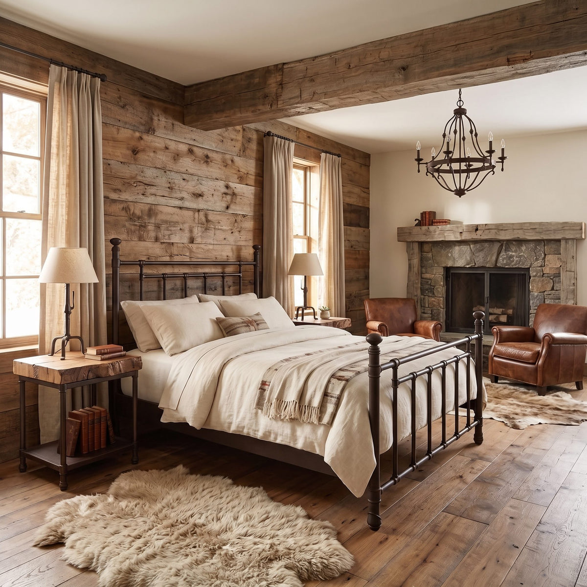 Blake iron bed 1094 in Aged Rust finish, queen size, in a rustic bedroom with a reclaimed wood accent wall and stone fireplace, by Wesley Allen for Matriae.