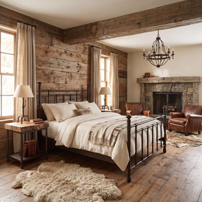 Blake iron bed 1094 in Aged Rust finish, queen size, in a rustic bedroom with a reclaimed wood accent wall and stone fireplace, by Wesley Allen for Matriae.