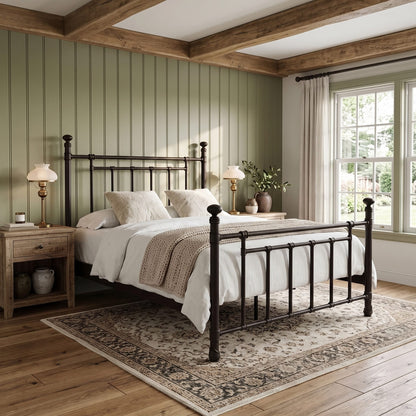 Blake iron bed 1094 in Black Suede finish, queen size, in a farmhouse-style bedroom with sage paneling and a knit throw, by Wesley Allen for Matriae.