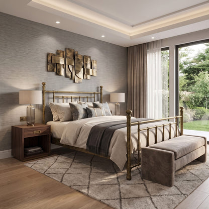 Blake iron bed 1094 in Brass Bisque finish, queen size, in an upscale bedroom with brass wall art and a velvet bench, by Wesley Allen for Matriae.