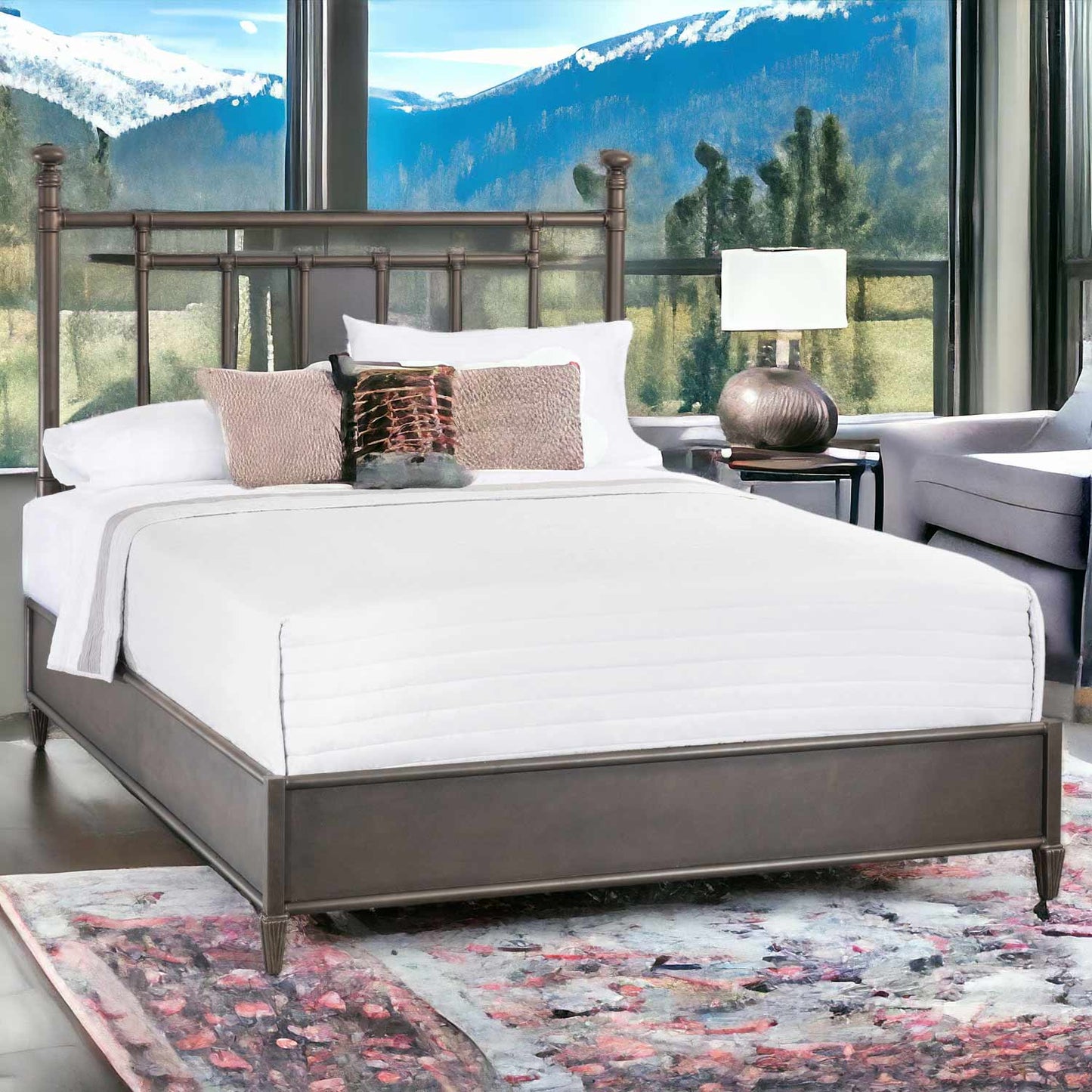Blake Iron Headboard with Metal Surround Bed Frame 1094MS Wesley Allen Queen Size Aged Bronze Finish Snow Mountain View Matriae