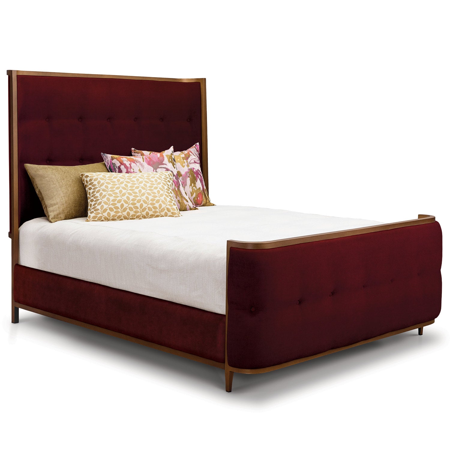 Broadway Upholstered Iron Bed 1201 Wesley Allen Queen CBFS Opaque Copper Finish Chronicle Merlot Fabric Matriae