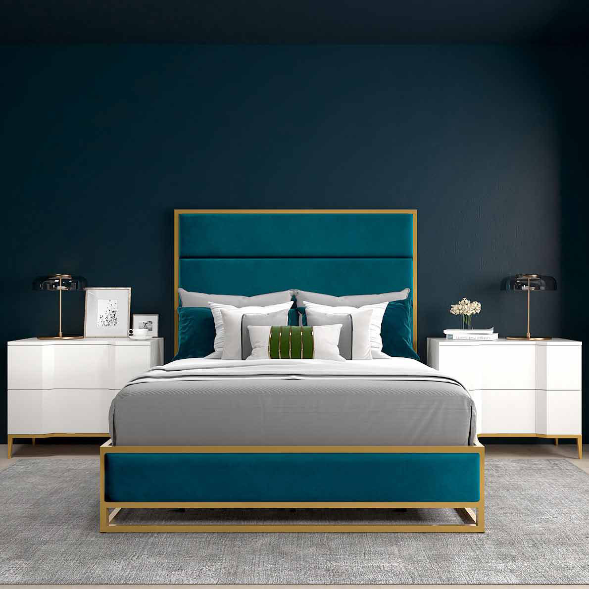 Khloe Luxury Upholstered Iron Bed Fabric Surround Wood Slats Modern Bedroom Furniture