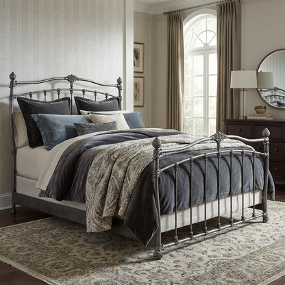 Matriae's Merrick Iron Bed in Copper Bisque finish by Wesley Allen. Bedroom with a metal bed frame, plush bedding, and decorative pillows.
