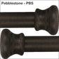 Pebblestone PBS Iron Finish Wesley Allen Matriae Swatch matte finish, ldark brown textured curtain rod finials in a pebblestone finish, shown on a white background with the text 'Pebblestone - PBS' at the top.
