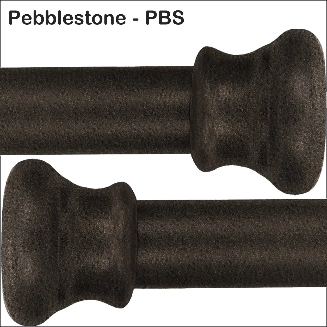 Pebblestone PBS Iron Finish Wesley Allen Matriae Swatch matte finish, ldark brown textured curtain rod finials in a pebblestone finish, shown on a white background with the text 'Pebblestone - PBS' at the top.