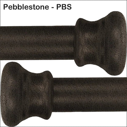 Pebblestone PBS Iron Finish Wesley Allen Matriae Swatch matte finish, ldark brown textured curtain rod finials in a pebblestone finish, shown on a white background with the text 'Pebblestone - PBS' at the top.