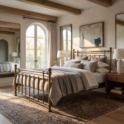 Revered Iron Bed by Matriae in the Brass Bisque finish queen size with a wood slats platform bed frame.A styled bedroom interior featuring a brass metal bed frame with a classic spindle headboard and footboard, dressed in neutral beige and gray bedding. The room has warm wood ceiling beams, arched windows with sheer curtains, a patterned area rug, and matching wooden nightstands and mirrors.