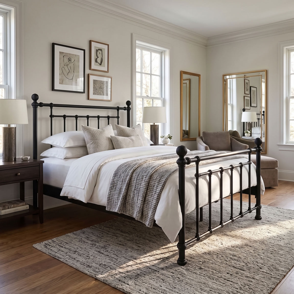 Revered Iron Bed by Matriae in the Matte Black finish queen size with a wood slats platform bed frame. A black metal bed frame with a classic turned-post design, styled in a bright, modern bedroom with white linens, a gray plaid throw, and a textured area rug.